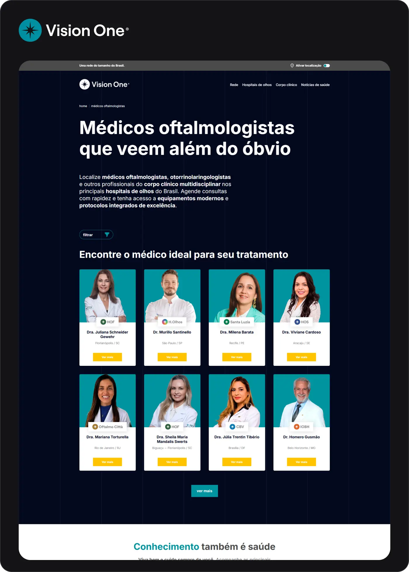printscreen de site da Vision One, médicos oftalmologistas