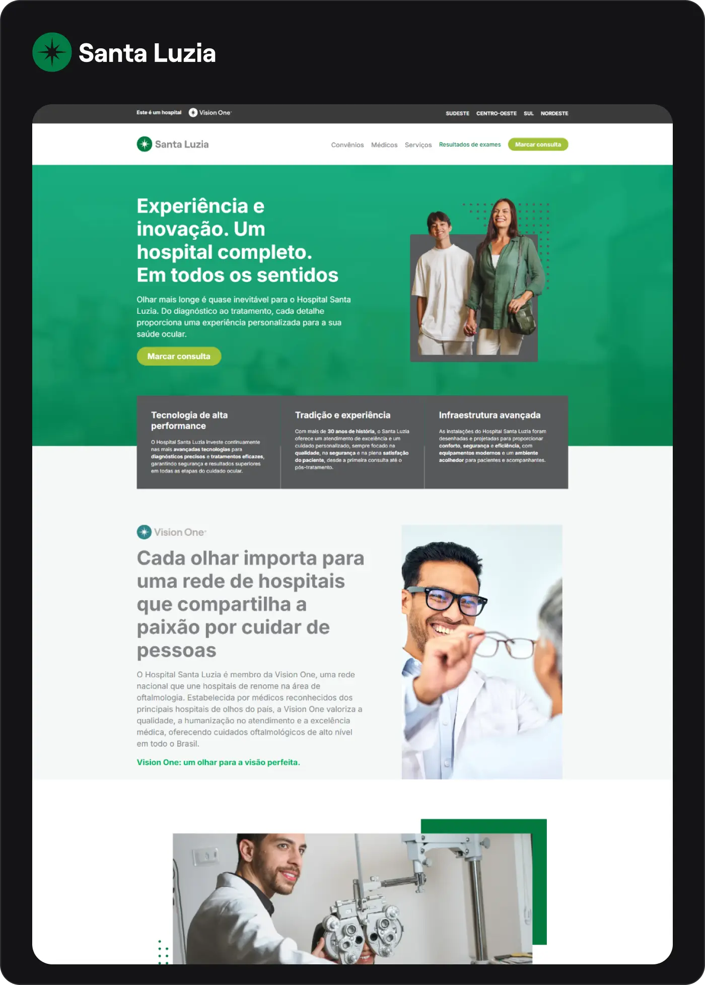 printscreen de site da Vision One, Santa Luzia Hospital de Olhos HOSL